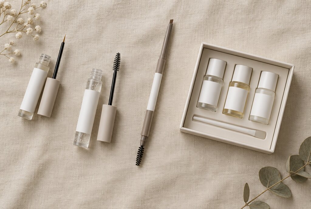 Flat-lay of a brow serum, gel, pencil and lamination kit