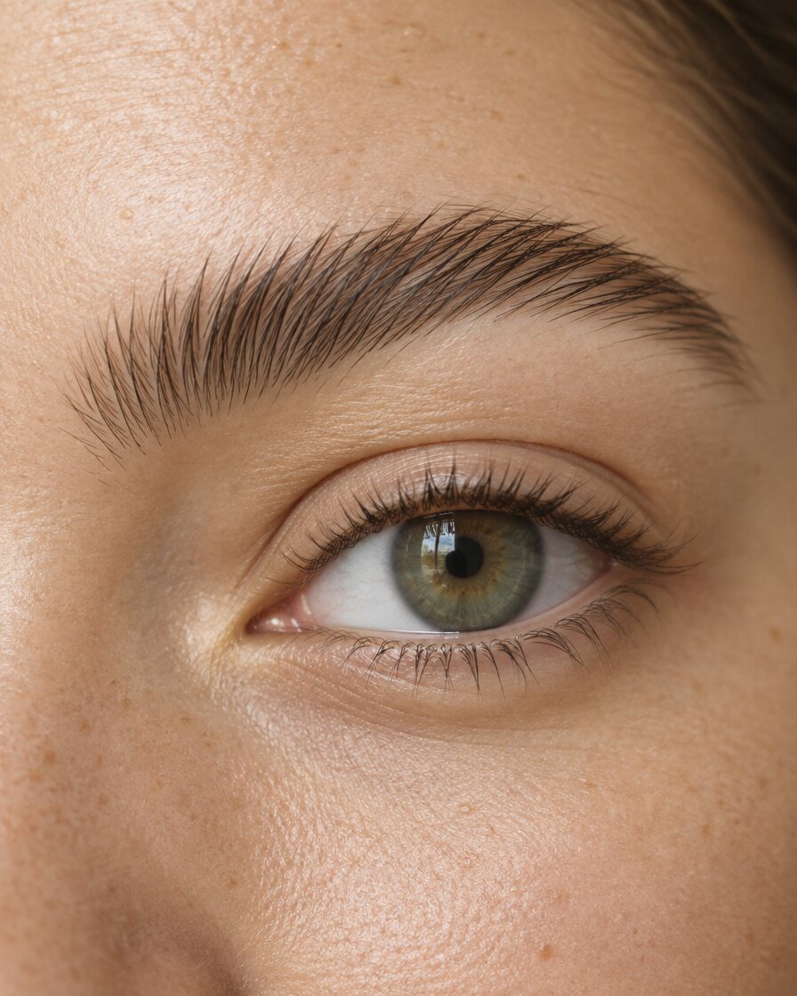 Close-up of a natural, full eyebrow in soft daylight