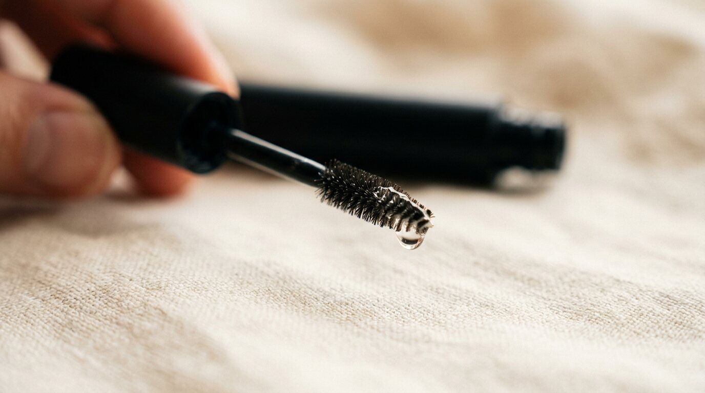 Brow serum applicator brush with a drop of serum